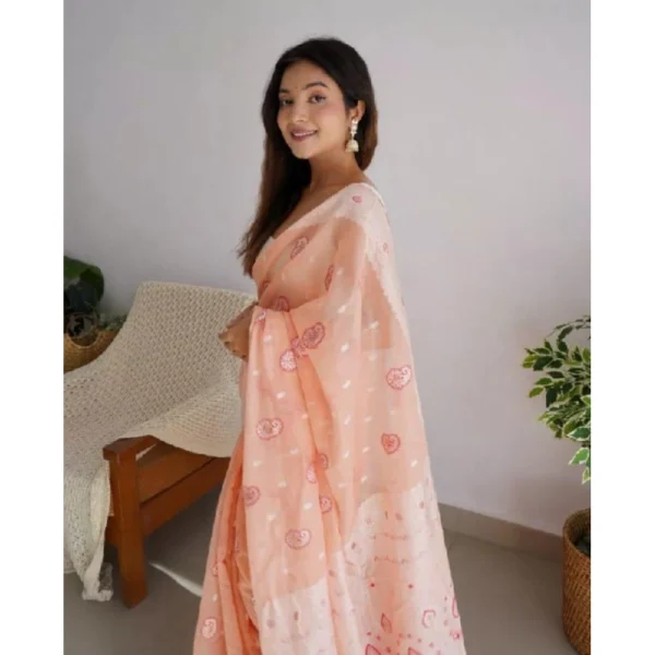 Generic Women's Cotton  Printed Saree With Unstitched Blouse 5.5Mtr (Peach) - Image 3