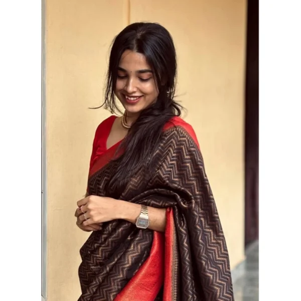 Generic Women's Silk Printed Saree With Unstitched Blouse 5.5Mtr (Brown) - Image 2