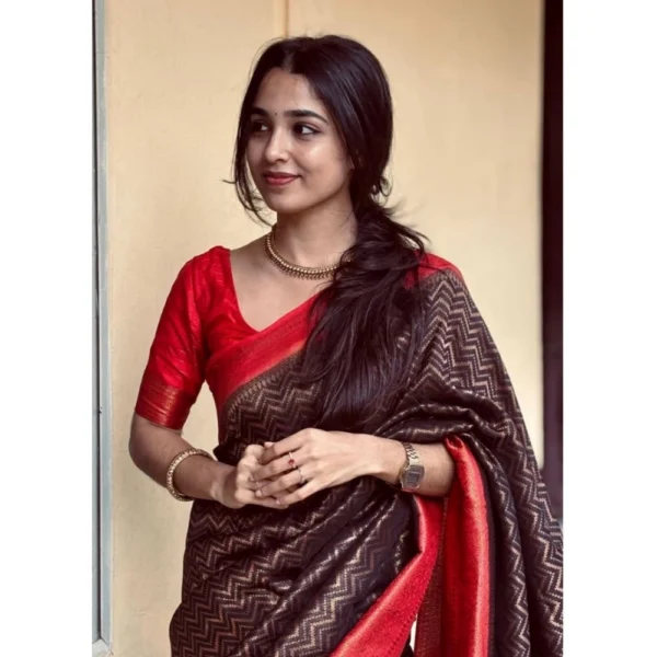 Generic Women's Silk Printed Saree With Unstitched Blouse 5.5Mtr (Brown) - Image 3