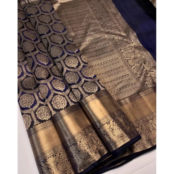 Generic Women's Silk Printed Saree With Unstitched Blouse 5.5Mtr (Navy Blue) - Image 3
