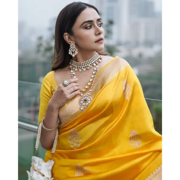Generic Women's Silk Printed Saree With Unstitched Blouse 5.5Mtr (Yellow) - Image 3