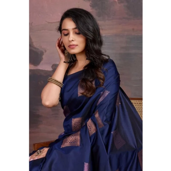 Generic Women's Silk Printed Saree With Unstitched Blouse 5.5Mtr (Navy Blue) - Image 3
