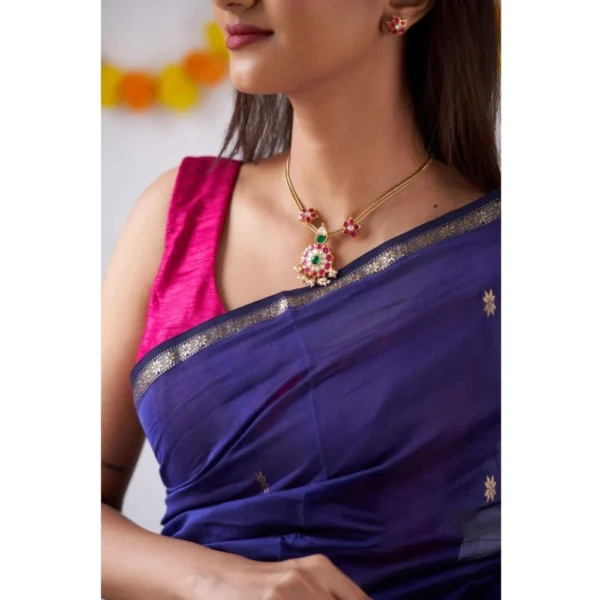 Generic Women's Cotton  Printed Saree With Unstitched Blouse 5.5Mtr (Blue) - Image 2