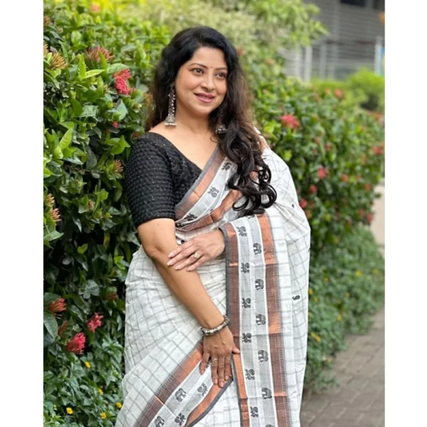 Generic Women's Silk Printed Saree With Unstitched Blouse 5.5Mtr (Off White) - Image 3