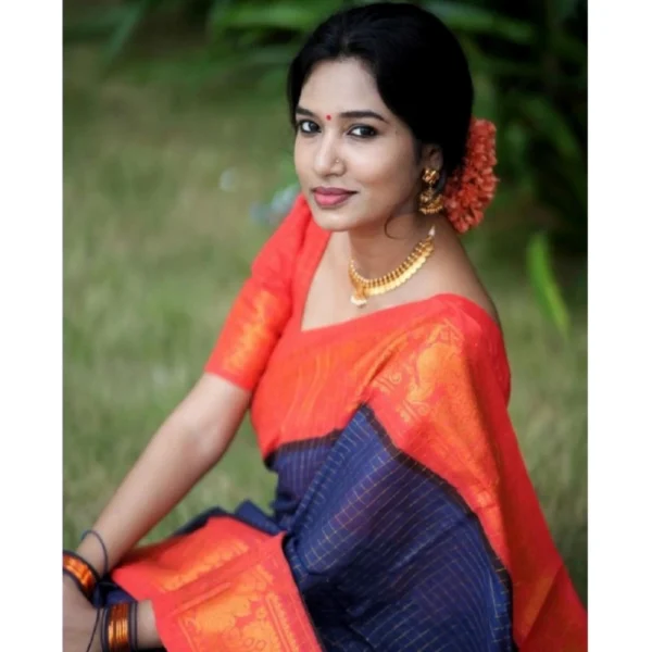 Generic Women's Silk Printed Saree With Unstitched Blouse 5.5Mtr (Blue) - Image 2