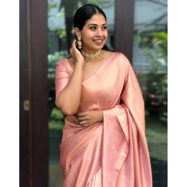 Generic Women's Silk Printed Saree With Unstitched Blouse 5.5Mtr (Peach) - Image 2
