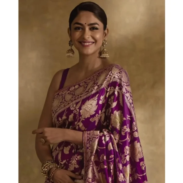 Generic Women's Silk Printed Saree With Unstitched Blouse 5.5Mtr (Purple) - Image 3