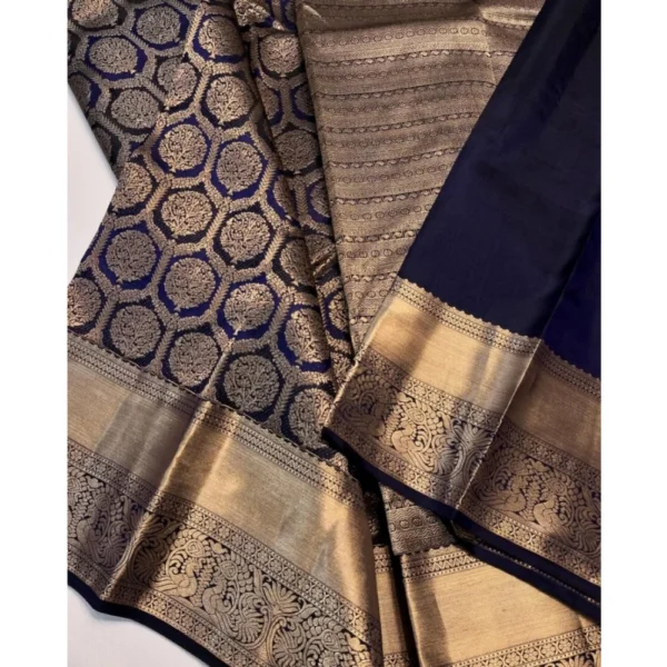 Generic Women's Silk Printed Saree With Unstitched Blouse 5.5Mtr (Navy Blue) - Image 2