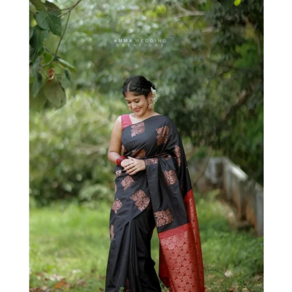 Generic Women's Silk Printed Saree With Unstitched Blouse 5.5Mtr (Black-Red) - Image 3