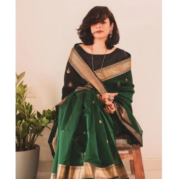 Generic Women's Silk Printed Saree With Unstitched Blouse 5.5Mtr (Dark Green) - Image 2