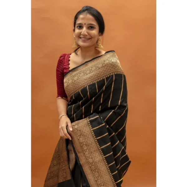 Generic Women's Silk Printed Saree With Unstitched Blouse 5.5Mtr (Black) - Image 3