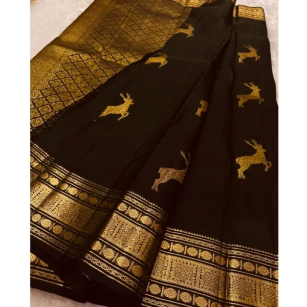 Generic Women's Silk Printed Saree With Unstitched Blouse 5.5Mtr (Black) - Image 3