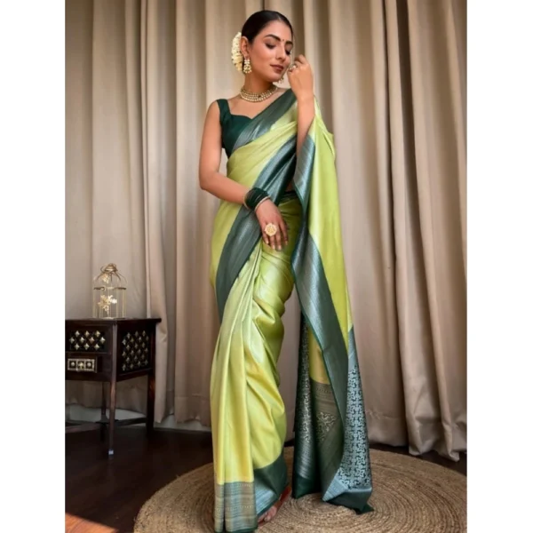 Generic Women's Silk Printed Saree With Unstitched Blouse 5.5Mtr (Sea Green) - Image 3