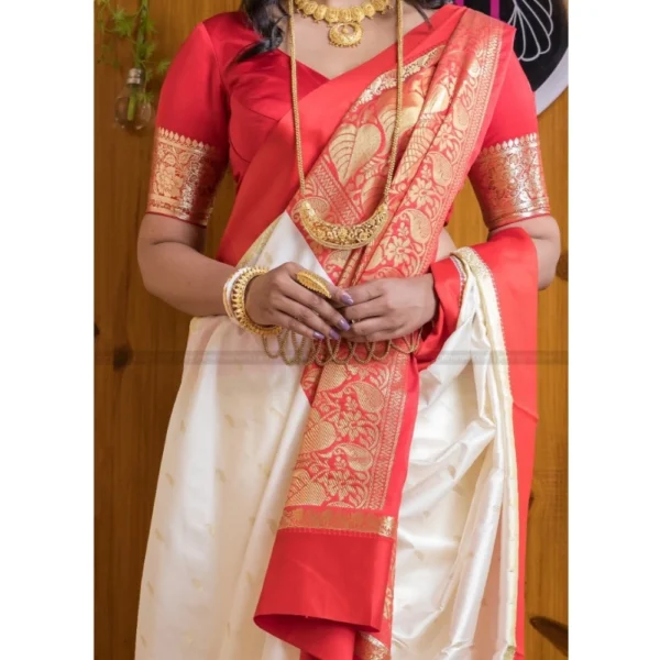 Generic Women's Silk Printed Saree With Unstitched Blouse 5.5Mtr (White-Red) - Image 2
