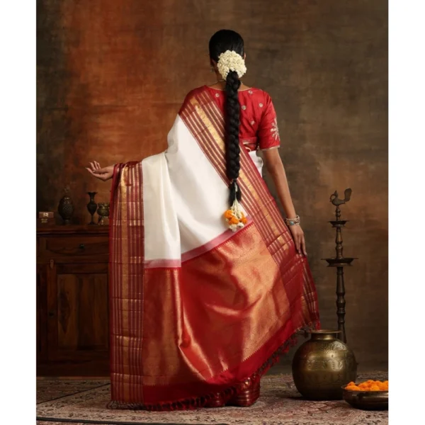 Generic Women's Silk Printed Saree With Unstitched Blouse 5.5Mtr (White-Maroon) - Image 3