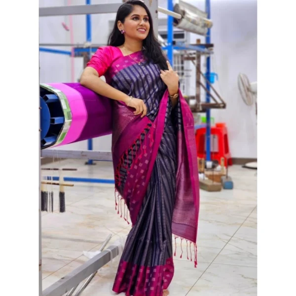 Generic Women's Silk Printed Saree With Unstitched Blouse 5.5Mtr (Navy Blue) - Image 3