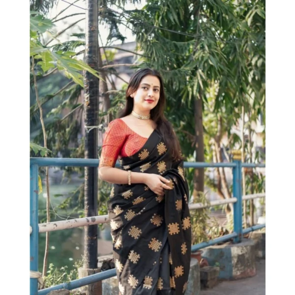 Generic Women's Silk Printed Saree With Unstitched Blouse 5.5Mtr (Blacl-Orange) - Image 2