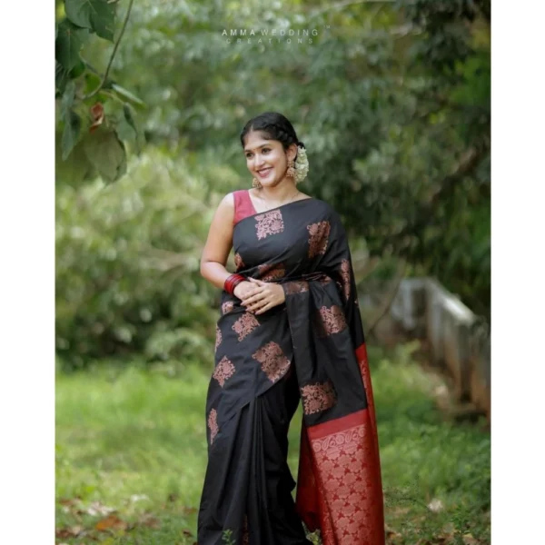 Generic Women's Silk Printed Saree With Unstitched Blouse 5.5Mtr (Black-Red) - Image 2