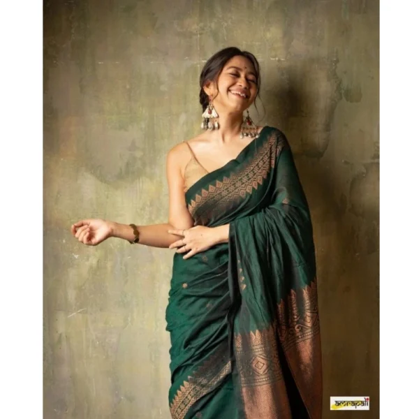 Generic Women's Silk Printed Saree With Unstitched Blouse 5.5Mtr (Green) - Image 3