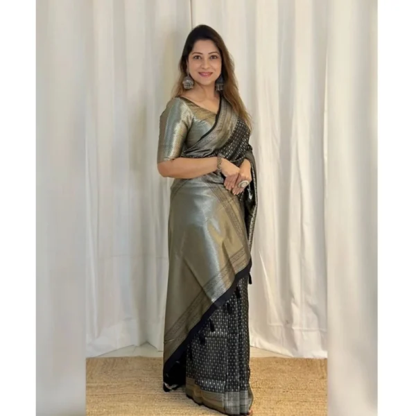 Generic Women's Silk Printed Saree With Unstitched Blouse 5.5Mtr (Black) - Image 2