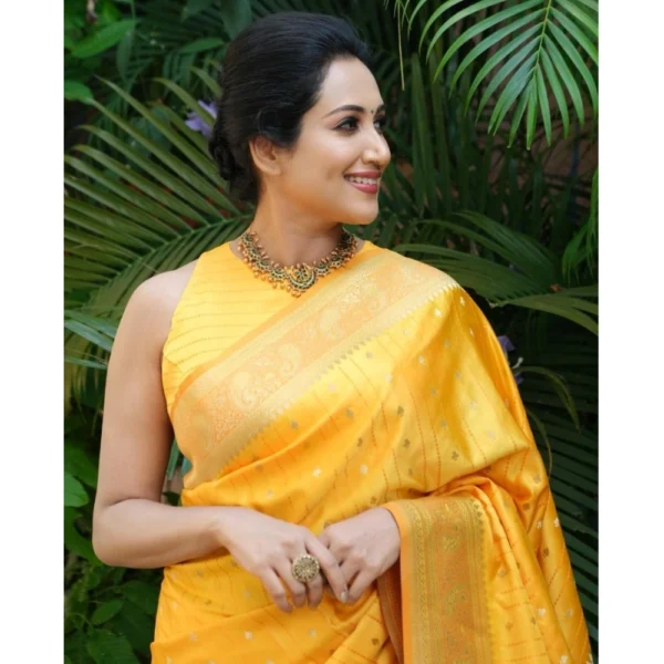 Generic Women's Silk Printed Saree With Unstitched Blouse 5.5Mtr (Yellow) - Image 3