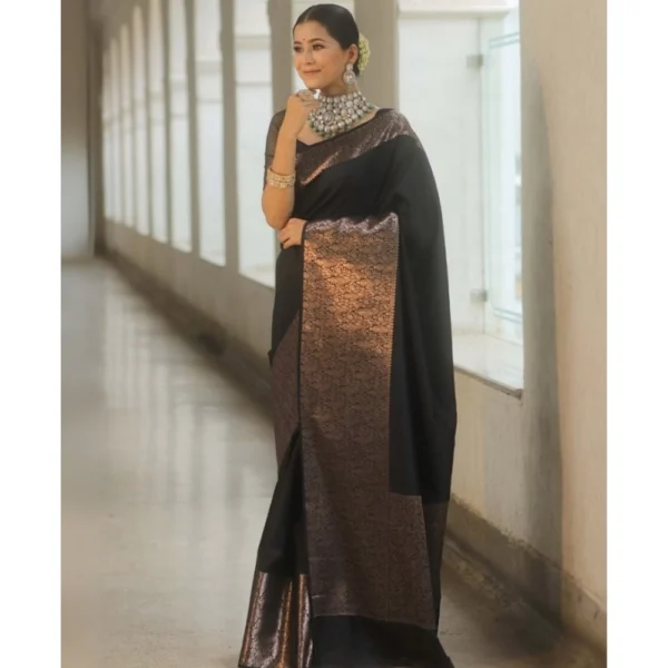Generic Women's Silk Printed Saree With Unstitched Blouse 5.5Mtr (Black) - Image 2