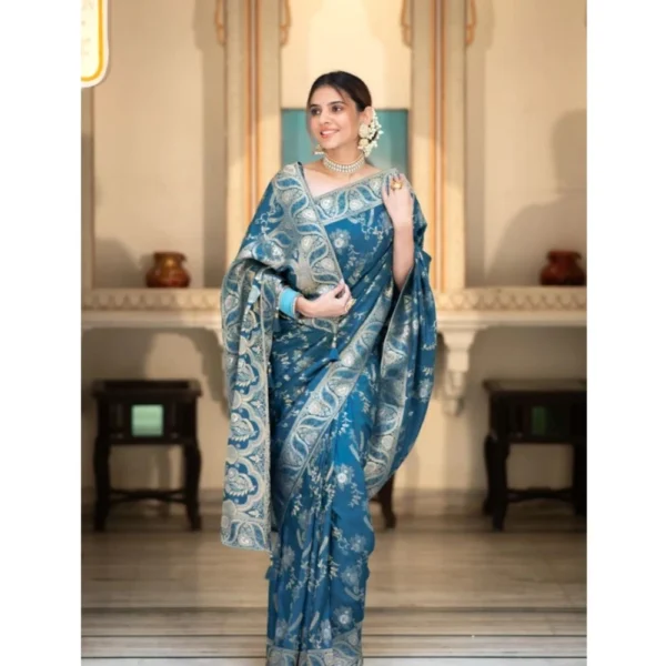 Generic Women's Silk Printed Saree With Unstitched Blouse 5.5Mtr (Teal Blue) - Image 3