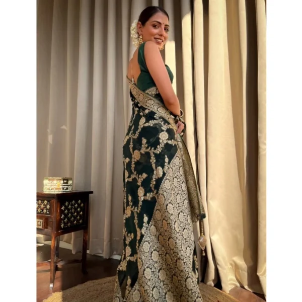 Generic Women's Silk Printed Saree With Unstitched Blouse 5.5Mtr (Dark Green) - Image 2