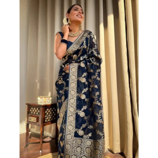 Generic Women's Silk Printed Saree With Unstitched Blouse 5.5Mtr (Dark Blue) - Image 2