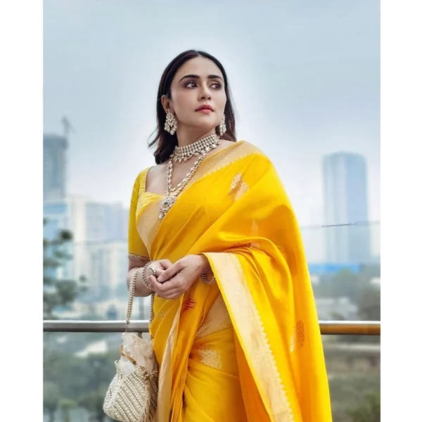 Generic Women's Silk Printed Saree With Unstitched Blouse 5.5Mtr (Yellow) - Image 2
