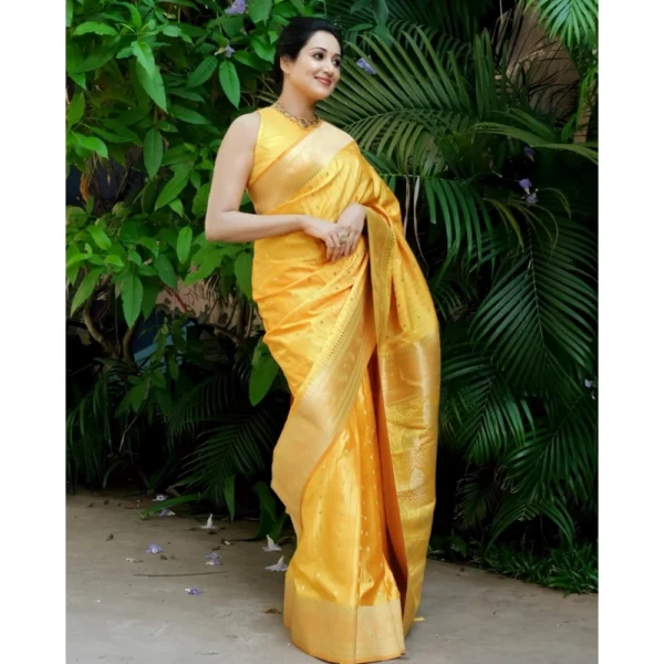 Generic Women's Silk Printed Saree With Unstitched Blouse 5.5Mtr (Yellow) - Image 2