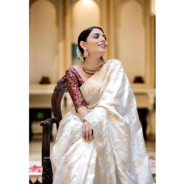 Generic Women's Silk Printed Saree With Unstitched Blouse 5.5Mtr (White) - Image 2