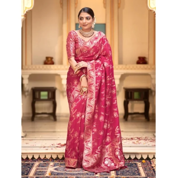 Generic Women's Silk Printed Saree With Unstitched Blouse 5.5Mtr (Pink) - Image 2