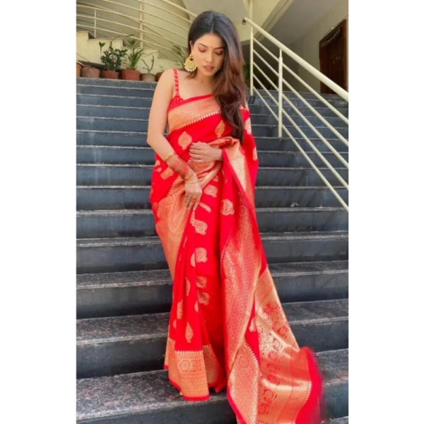 Generic Women's Silk Printed Saree With Unstitched Blouse 5.5Mtr (Red) - Image 3