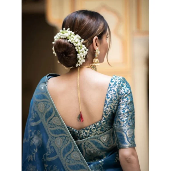 Generic Women's Silk Printed Saree With Unstitched Blouse 5.5Mtr (Teal Blue) - Image 2