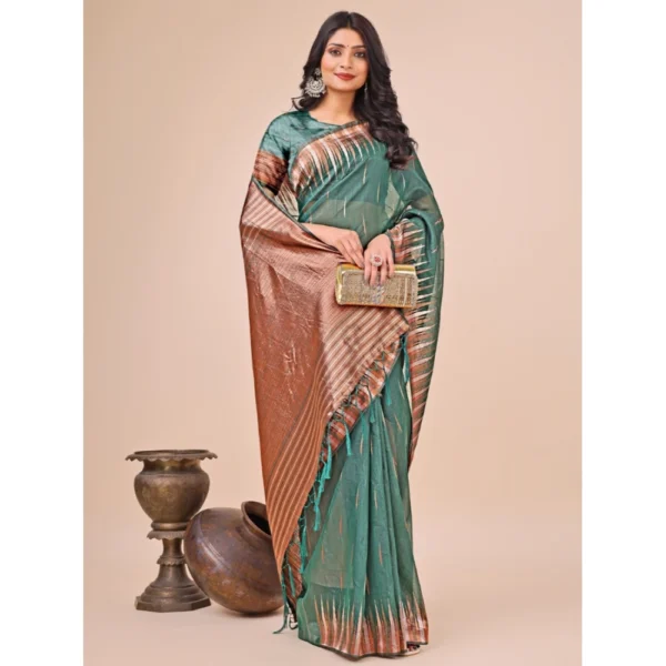 Generic Women's Linen Cotton Wevon Jacquard Saree With Unstitched Blouse 5.5Mtr (Green) - Image 2