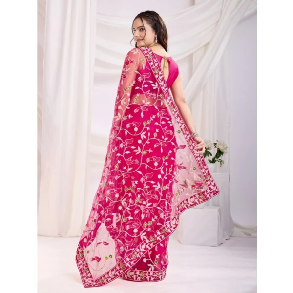 Generic Women's Soft Net Thread Embroidery Saree With Unstitched Blouse 5.5Mtr (Dark Pink) - Image 2