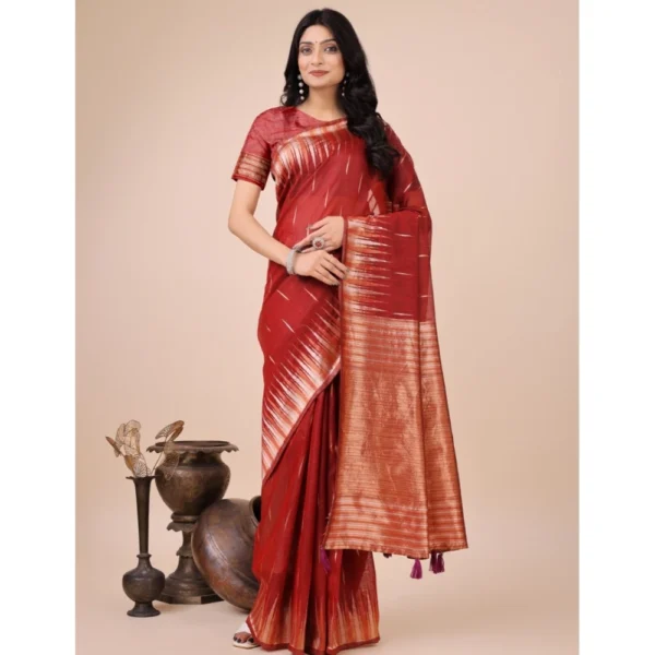 Generic Women's Linen Cotton Wevon Jacquard Saree With Unstitched Blouse 5.5Mtr (Red)