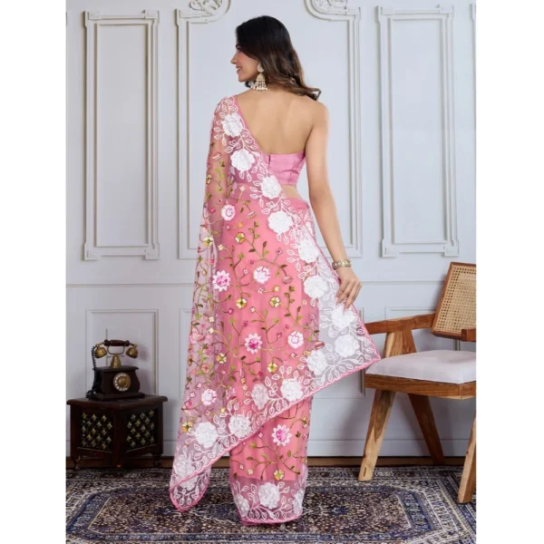Generic Women's Soft Net Thread Embroidery Saree With Unstitched Blouse 5.5Mtr (Light Pink) - Image 2