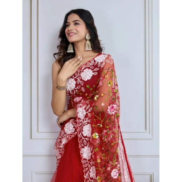 Generic Women's Soft Net Thread Embroidery Saree With Unstitched Blouse 5.5Mtr (Maroon) - Image 2