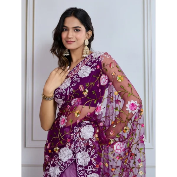 Generic Women's Soft Net Thread Embroidery Saree With Unstitched Blouse 5.5Mtr (Purple) - Image 3