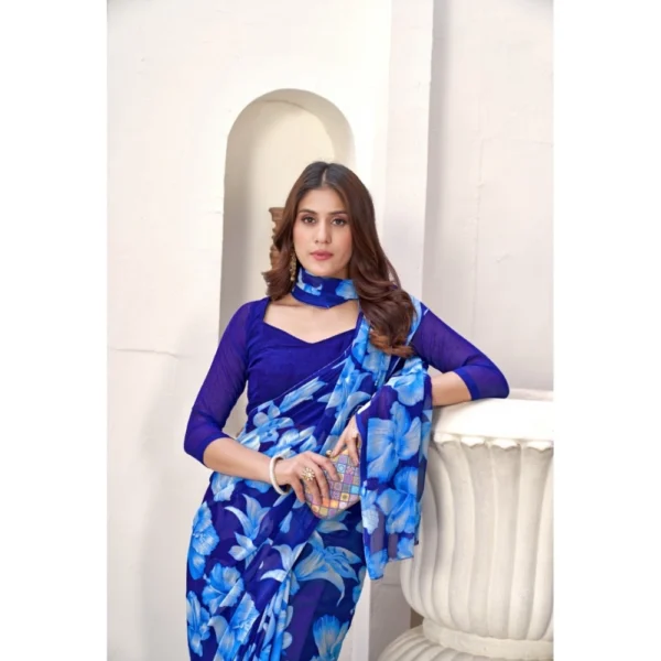 Generic Women's Polyster Printed Saree With Unstitched Blouse 5.5Mtr (Blue) - Image 3