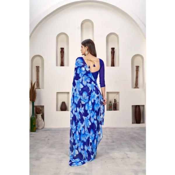 Generic Women's Polyster Printed Saree With Unstitched Blouse 5.5Mtr (Blue) - Image 2