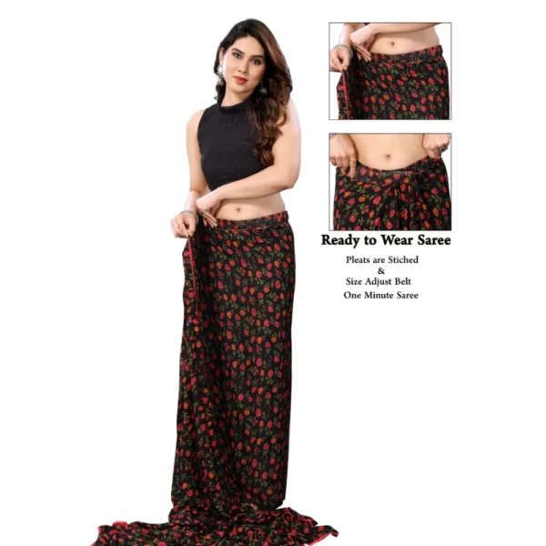 Generic Women's Small Lace Georgette Printed Ready-to-Wear Saree With Unstitched Blouse 5.5 Mtr (Black) - Image 2