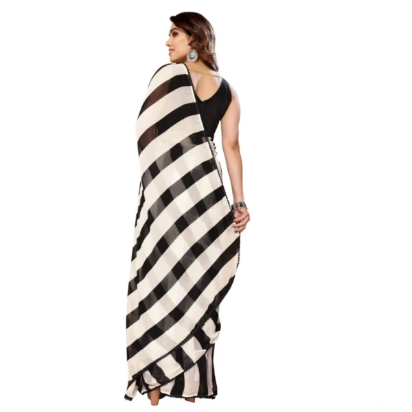 Generic Women's Small Lace Georgette Striped Ready-to-Wear Saree With Unstitched Blouse 5.5 Mtr (Black-White) - Image 3