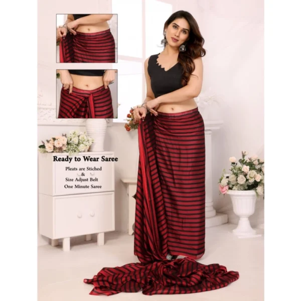 Generic Women's  Black Berry Striped Ready-to-Wear Saree With Unstitched Blouse 5.5 Mtr (Red-Black) - Image 2
