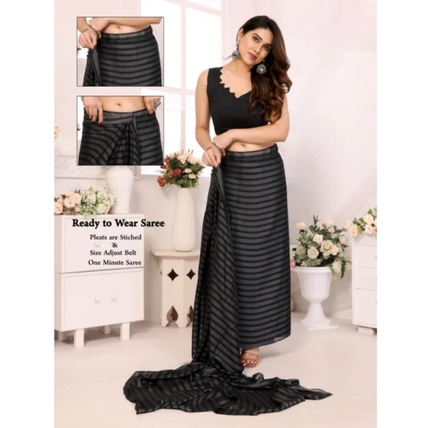 Generic Women's  Black Berry Striped Ready-to-Wear Saree With Unstitched Blouse 5.5 Mtr (Grey-Black) - Image 2