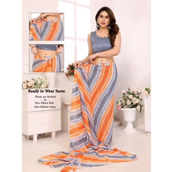 Generic Women's Small Lace Georgette Striped Ready-to-Wear Saree With Unstitched Blouse 5.5 Mtr (Grey) - Image 2