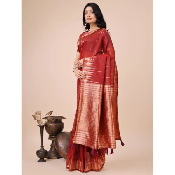Generic Women's Linen Cotton Wevon Jacquard Saree With Unstitched Blouse 5.5Mtr (Red) - Image 2
