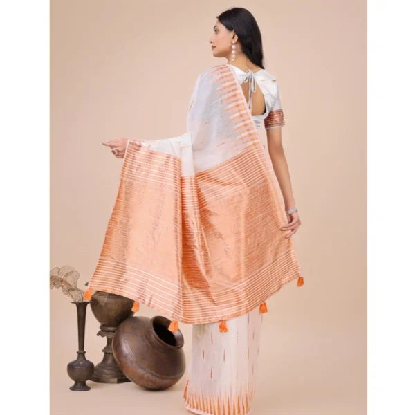 Generic Women's Linen Cotton Wevon Jacquard Saree With Unstitched Blouse 5.5Mtr (White) - Image 3